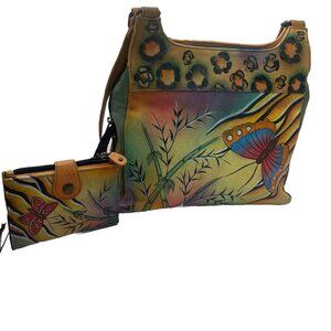 Anuschka Hand Painted Leather Handbag Butterfly Bamboo with attached wallet